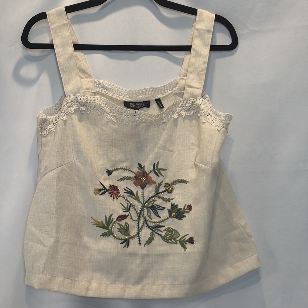 Badgley Mischka Embroidered  Beaded Floral Beige Sleeveless Lace Trim Wmns S NWT